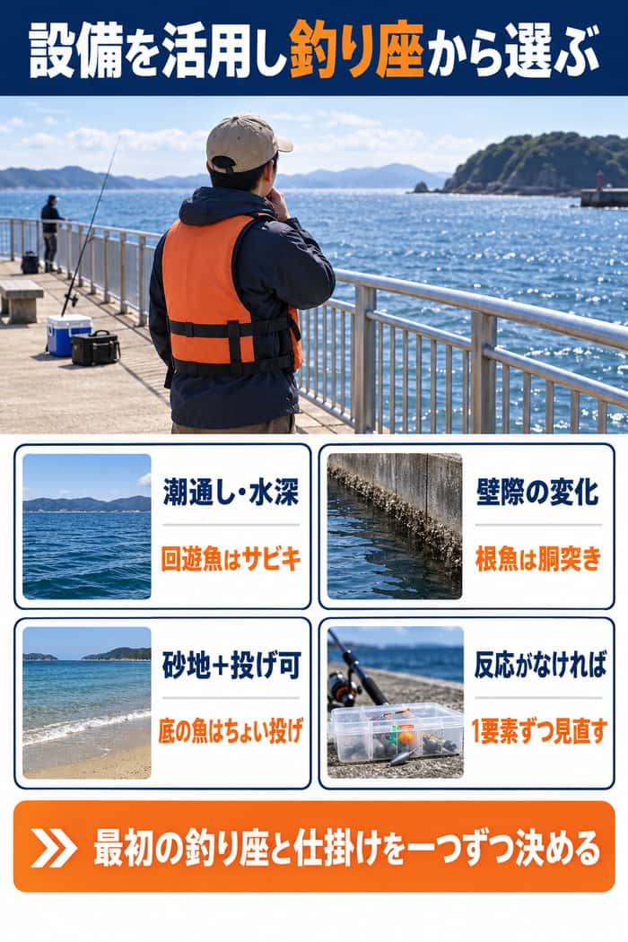 海釣り公園の楽しみ方のまとめ。潮通し、水深、壁際、砂地などの条件と仕掛けを結び、反応がなければ一要素ずつ見直す。