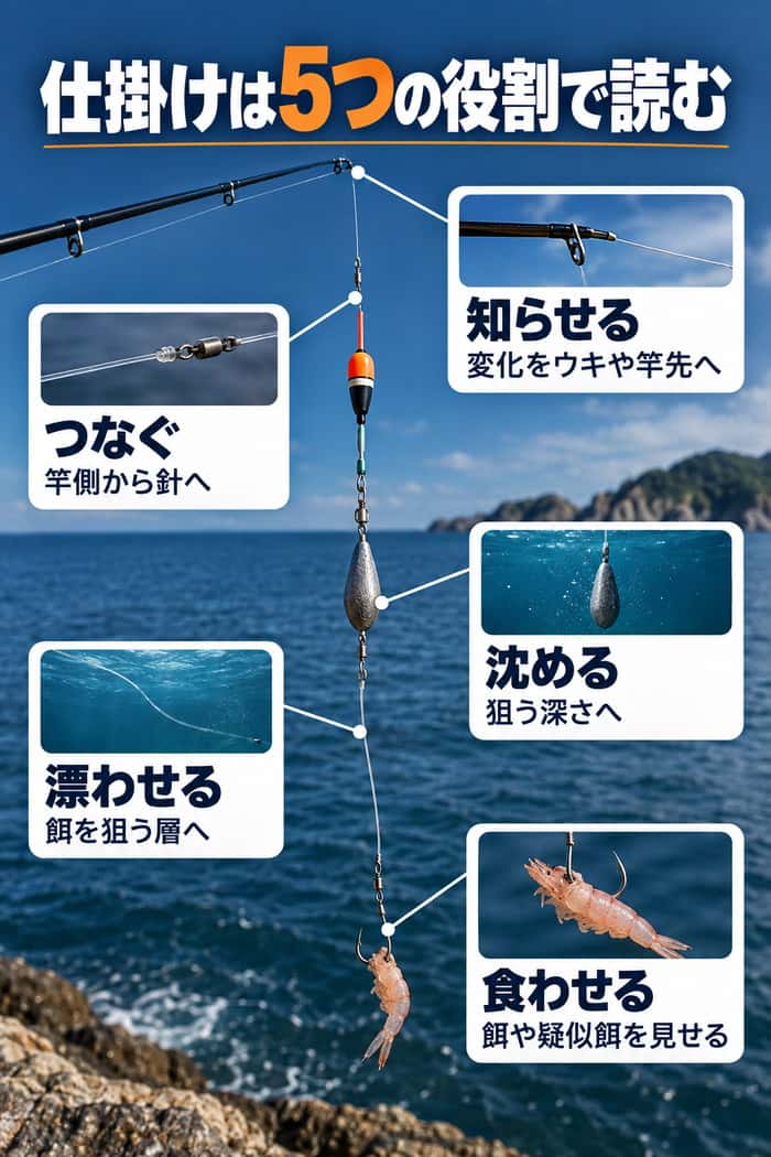 海釣り仕掛けの5つの役割。つなぐ、沈める、漂わせる、食わせる、知らせるの働きを基本仕掛けとともに示す。