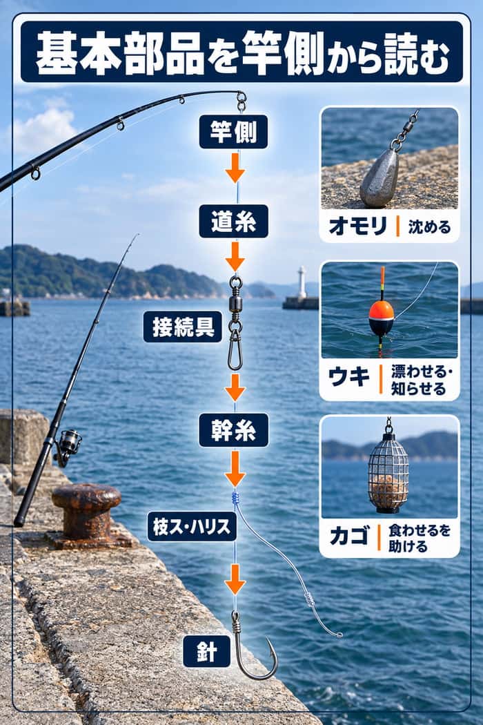 竿側から針までの基本部品図。道糸、接続具、幹糸、枝ス・ハリス、針の接続順と、オモリ、ウキ、カゴの役割を示す。