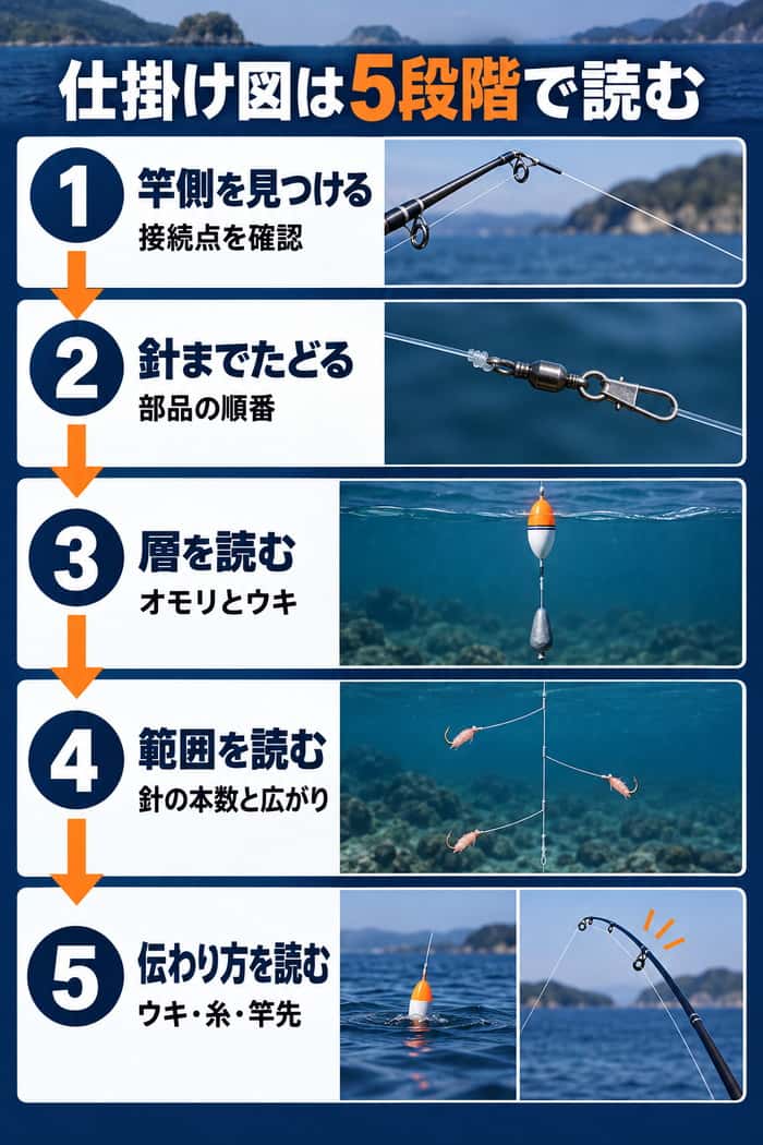 市販仕掛けの図を読む5段階。竿側の確認から部品の順、狙う層、針の範囲、アタリの伝わり方までを順に示す。