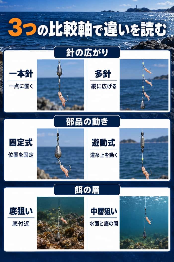 仕掛けを比べる3つの軸。一本針と多針、固定式と遊動式、底狙いと中層狙いの構造の違いを並べて示す。