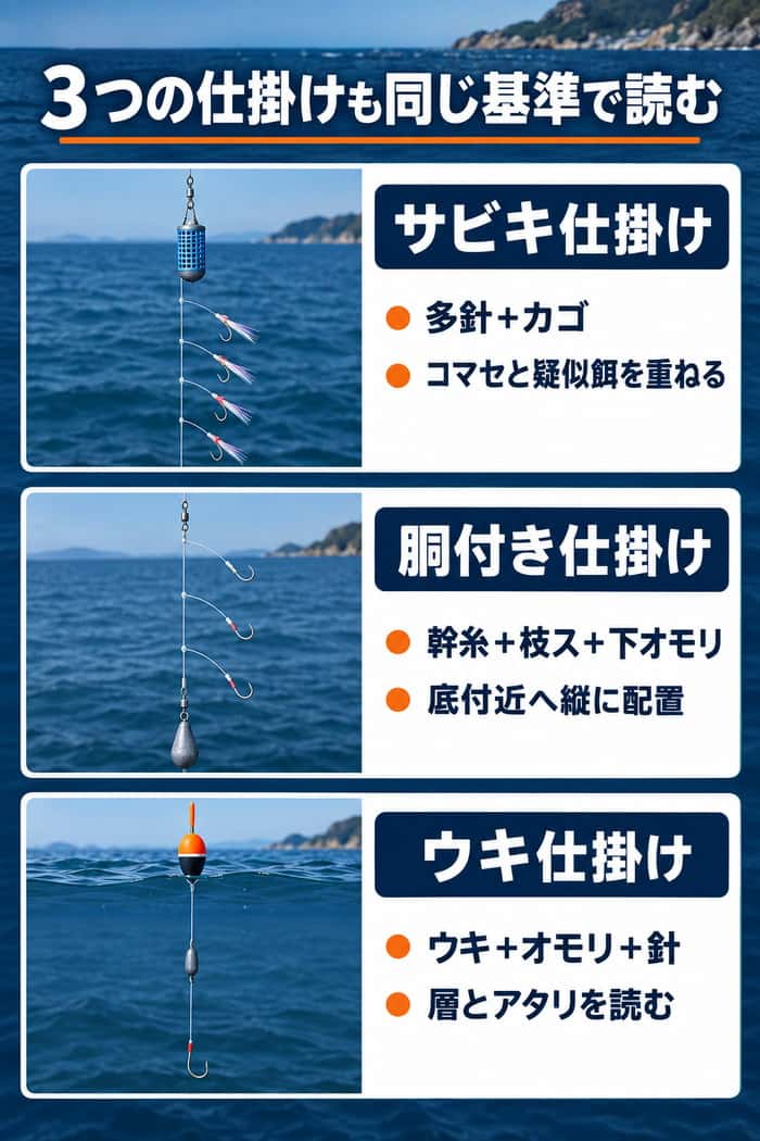 サビキ、胴付き、ウキ仕掛けの比較。各仕掛けの部品配置と、餌を見せる範囲や狙う層、アタリの読み方を示す。