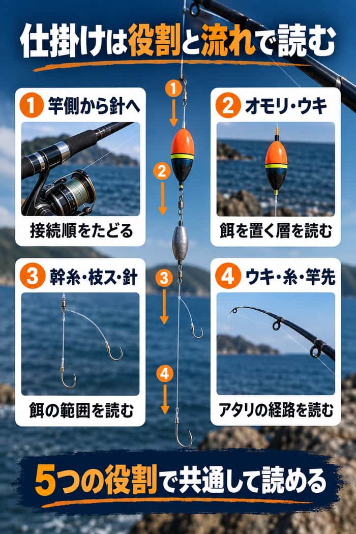 仕掛け図の読み方のまとめ。接続順、餌を置く層と範囲、アタリの経路を5つの役割で読み解く流れを示す。