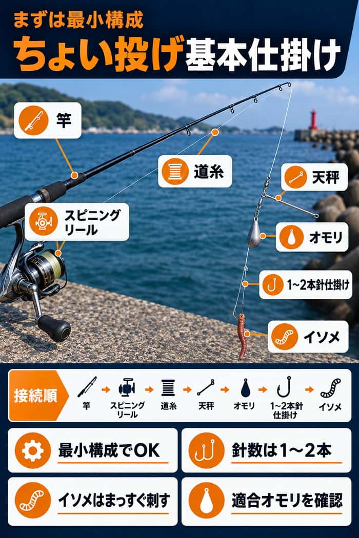 ちょい投げの基本仕掛け図。竿、スピニングリール、道糸、天秤、オモリ、1〜2本針仕掛け、イソメの接続順を示す。