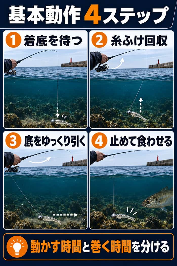 ちょい投げの基本動作を4段階で示す図。着底を待ち、糸ふけを回収し、底をゆっくり引き、止めて食わせる流れを表す。
