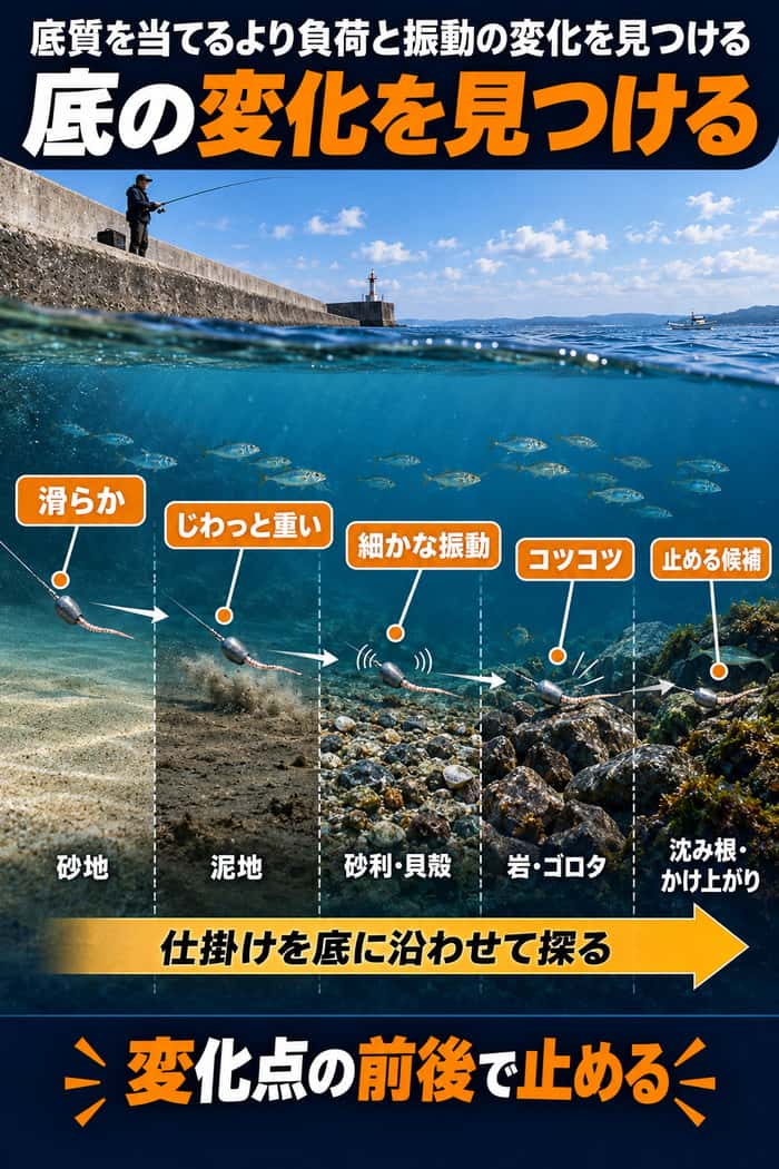海底を仕掛けで探る断面図。滑らかさ、重さ、細かな振動、コツコツした感触などの変化点を見つけ、前後で止める考え方を示す。