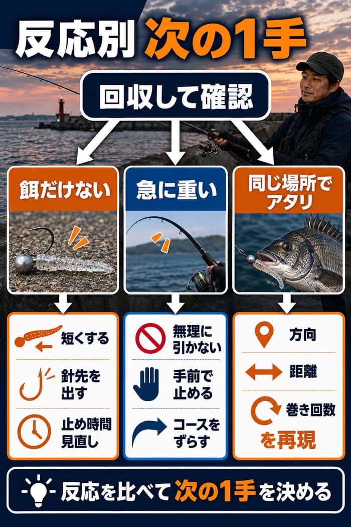 魚の反応から次の操作を選ぶフロー図。餌だけ取られる、急に重い、同じ場所でアタリが続く場合の見直し方を示す。