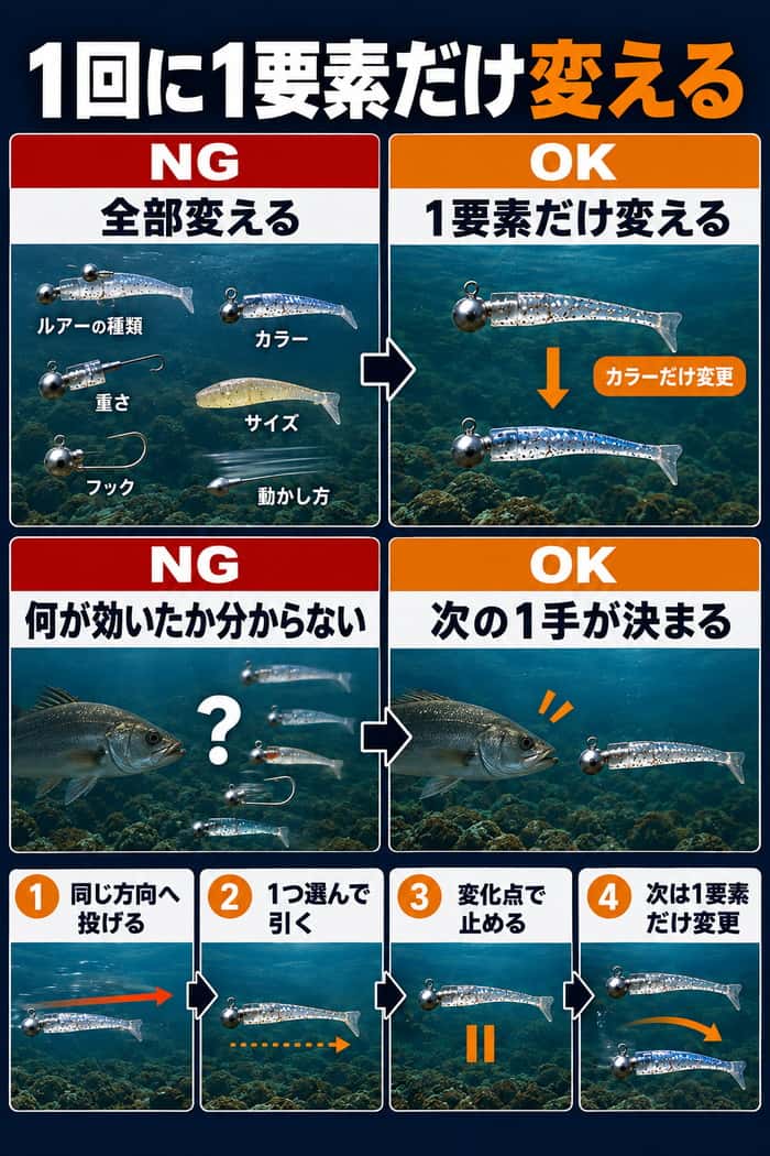 1回の投入で複数条件を変えるNG例と、1要素だけ変えて比較するOK例を対比し、短い検証サイクルを示す。