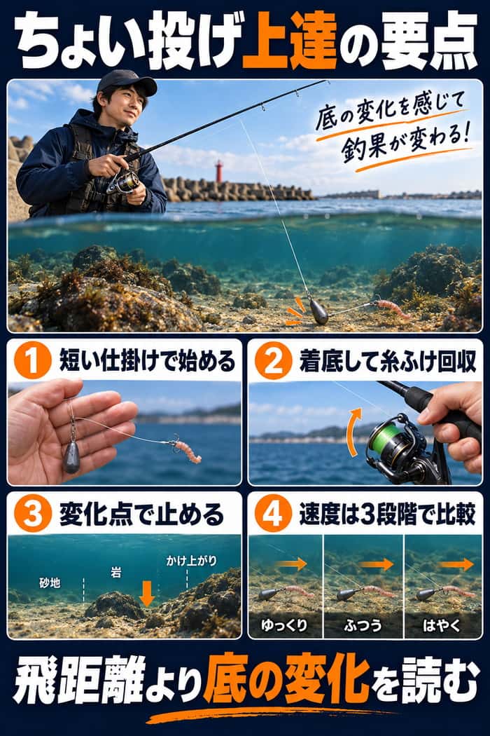 ちょい投げ上達の要点をまとめた図。短い仕掛け、着底と糸ふけ回収、変化点で止めること、速度比較を4点で示す。
