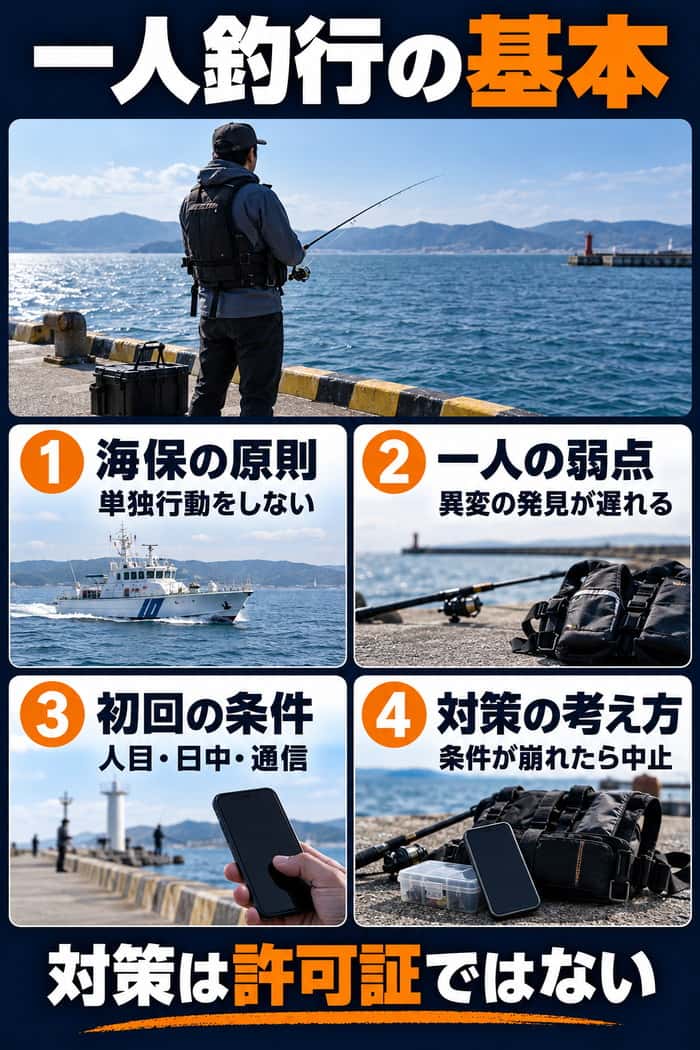 一人釣行の基本を4項目で示す図。海保の原則、異変の発見遅れ、初回は人目・日中・通信、条件が崩れたら中止という考え方をまとめる。
