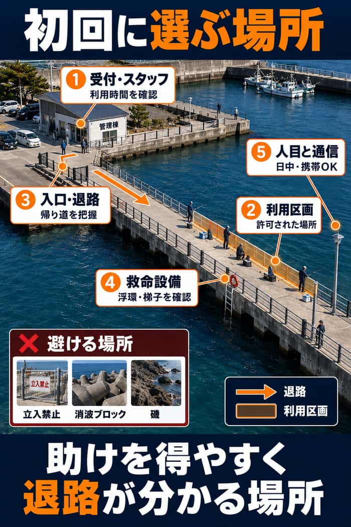 初回に選ぶ釣り場の俯瞰図。受付とスタッフ、利用区画、入口と退路、救命設備、人目と通信を示し、立入禁止や消波ブロック、磯を避けることを示す。