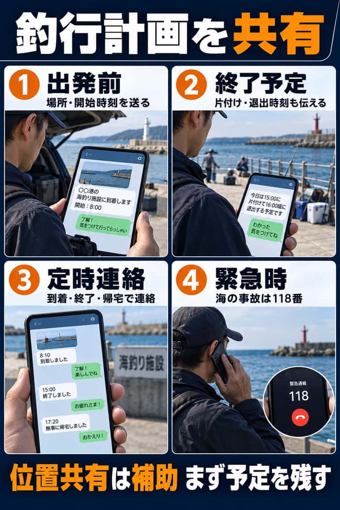 第三者へ釣行計画を共有する手順図。出発前の場所と開始時刻、終了予定、到着・終了・帰宅の定時連絡、緊急時の118番通報を順に示す。