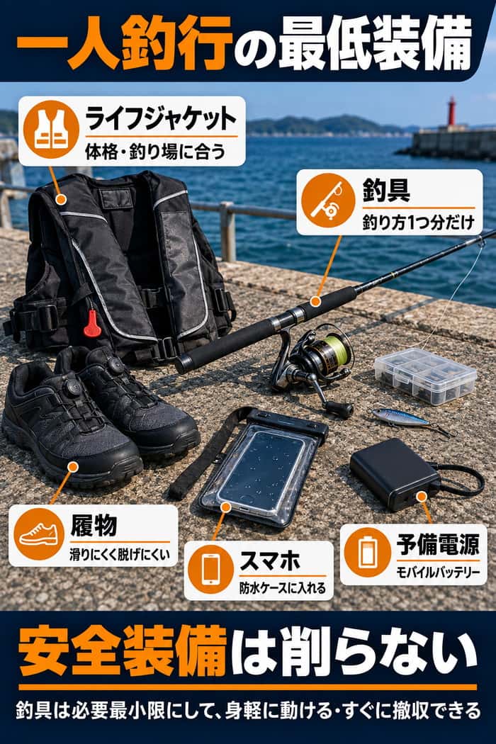 一人釣行の最低装備を示す図。体格と釣り場に合うライフジャケット、滑りにくい履物、防水ケース入りスマートフォン、予備電源、釣り方1つ分の最小限の釣具を示す。