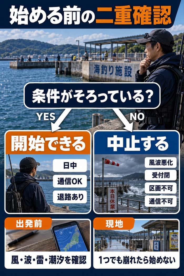 開始前の二重確認フロー。日中・通信OK・退路ありなら開始でき、風波悪化、受付閉、区画不可、通信不可など条件が崩れたら中止する判断を示す。