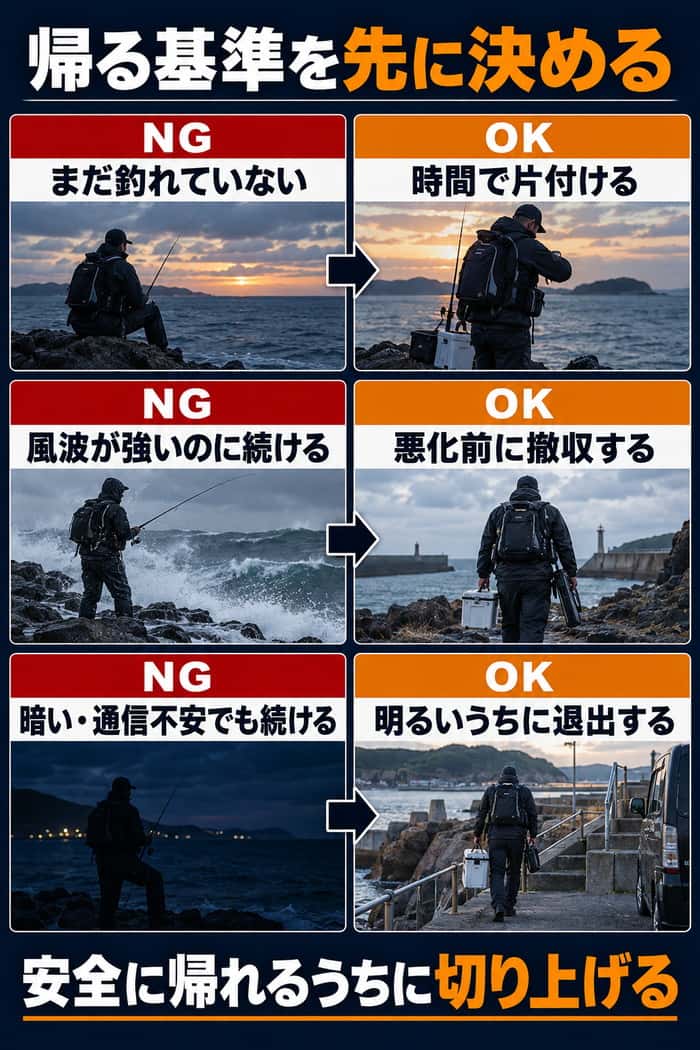 帰る基準を先に決める比較図。釣れていない、風波が強い、暗い・通信不安でも続けるNGと、時間で片付ける、悪化前に撤収する、明るいうちに退出するOKを対比する。