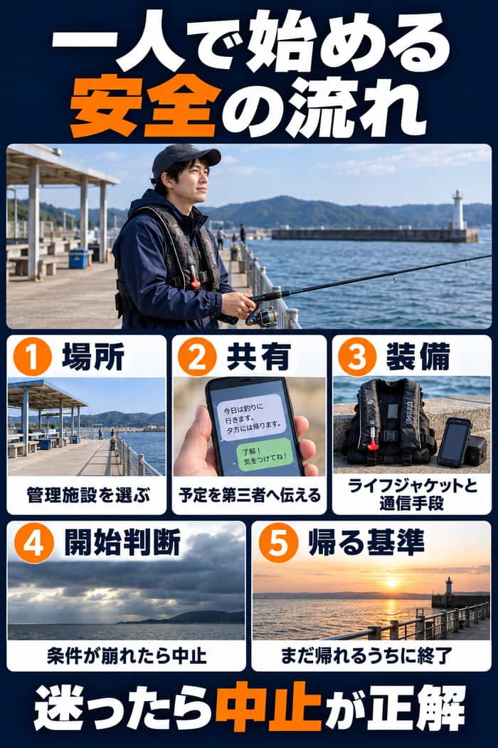 一人で海釣りを始める安全の流れを5項目で示す図。管理施設を選ぶ、予定を第三者へ伝える、安全装備を整える、条件が崩れたら中止する、まだ帰れるうちに終了する流れをまとめる。
