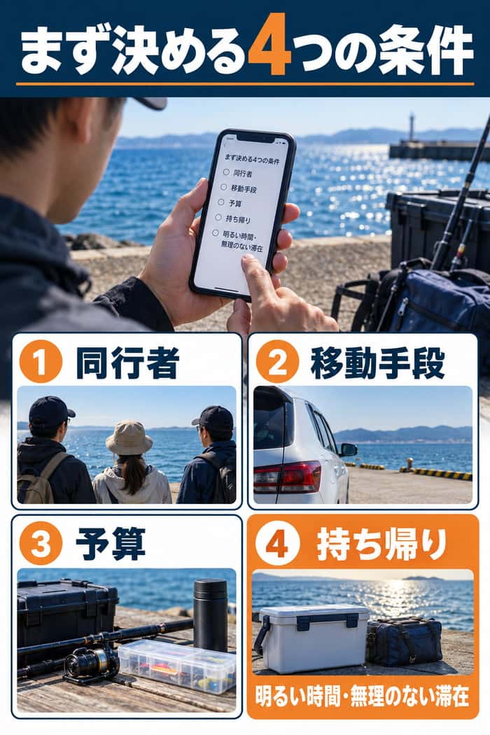 海釣り前に整理する条件の要約。同行者、移動手段、予算、魚の持ち帰りを同格の4項目で示す。