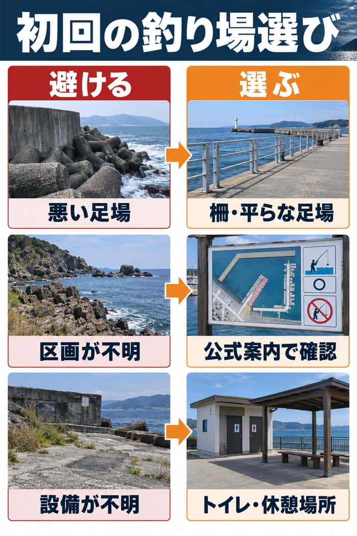 初心者向け釣り場の比較。悪い足場、区画や設備が不明な場所を避け、柵や公式案内、休憩設備を確認して選ぶ。