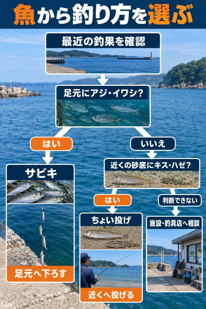 最近の釣果から釣り方を選ぶフロー。足元のアジやイワシはサビキ、近くの砂底のキスやハゼはちょい投げへ進む。