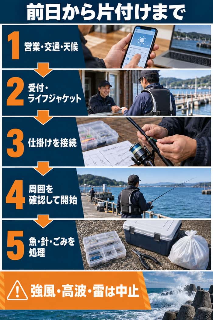 初釣行の行動順。前日の営業・交通・天候確認から、受付、仕掛け接続、安全確認、魚・針・ごみの処理までを示す。