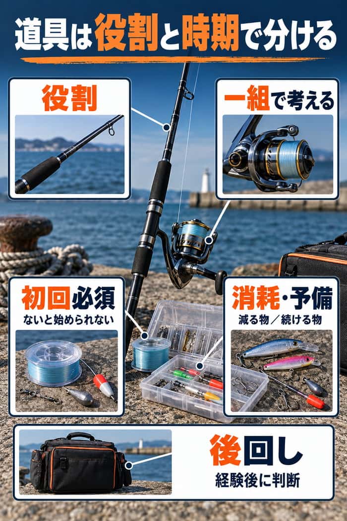 海釣り道具の整理図。道具を一組として考え、初回必須、消耗・予備、後回しの区分で買う時期を示す。