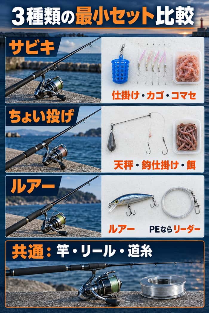 サビキ・ちょい投げ・ルアーの最小セット比較。共通する竿・リール・道糸と、先端側の違いを示す。