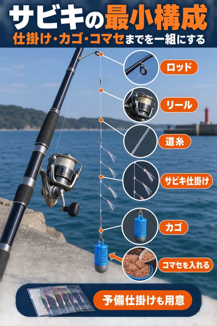 サビキの仕掛け図。ロッド、リール、道糸、サビキ仕掛け、カゴの接続と、コマセや予備仕掛けを示す。