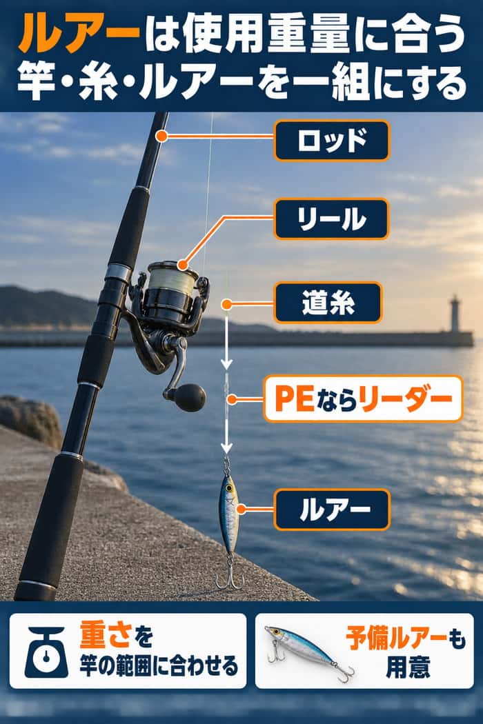ルアーのタックル図。ロッド、リール、道糸、ルアーの構成と、PE使用時のリーダー、重量照合、予備を示す。