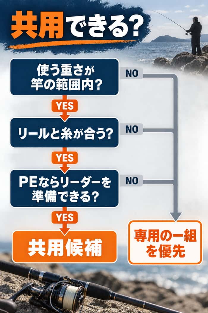 海釣り道具を共用できるかの判定フロー。竿の対応重量、リールと糸、PE使用時のリーダーを順に確認する。