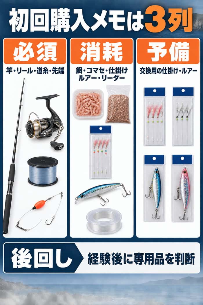 初回購入メモの3列。必須、消耗、予備に該当する道具を分け、専用品は経験後に判断することを示す。