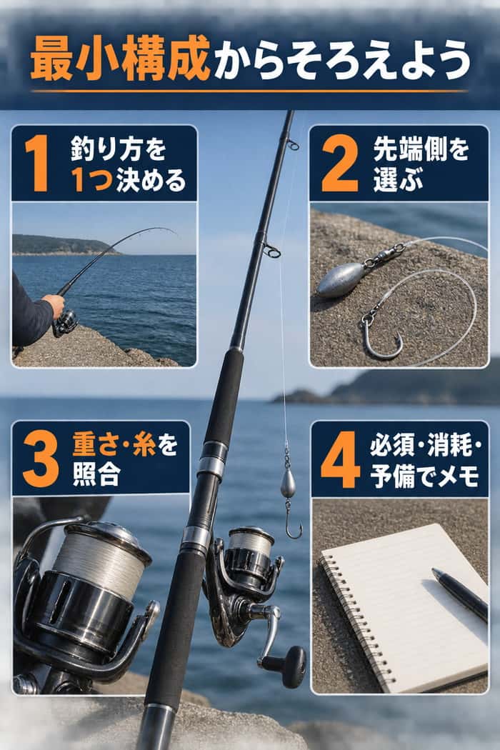 海釣り道具を最小構成からそろえる4段階。釣り方、先端側、重さと糸の照合、購入メモの順に示す。