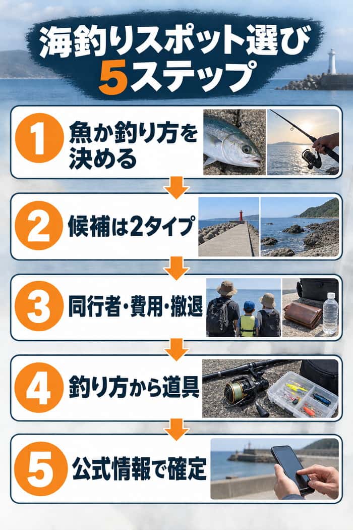 海釣りスポットを選ぶ5段階。魚か釣り方を決め、候補、同行者・費用、道具、公式情報の順に絞る。