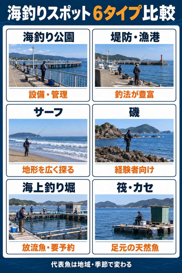 6タイプの海釣りスポット比較。海釣り公園、堤防・漁港、サーフ、磯、海上釣り堀、筏・カセの特徴を並べる。