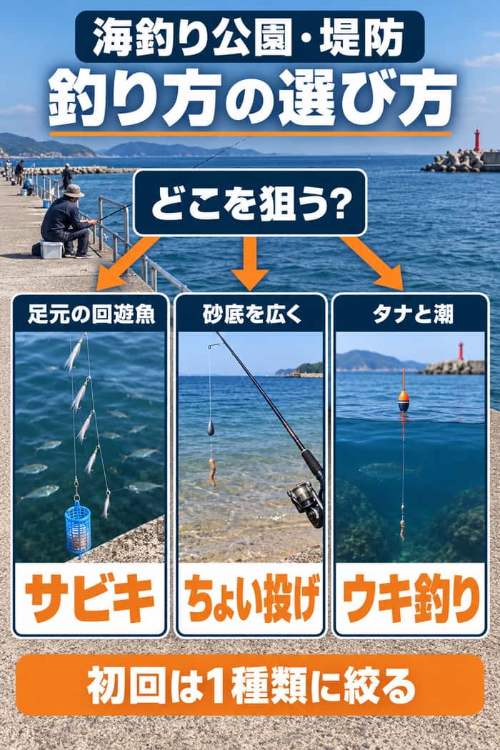 海釣り公園・堤防の釣法選択図。足元の回遊魚はサビキ、砂底はちょい投げ、タナと潮はウキ釣りへ分岐する。