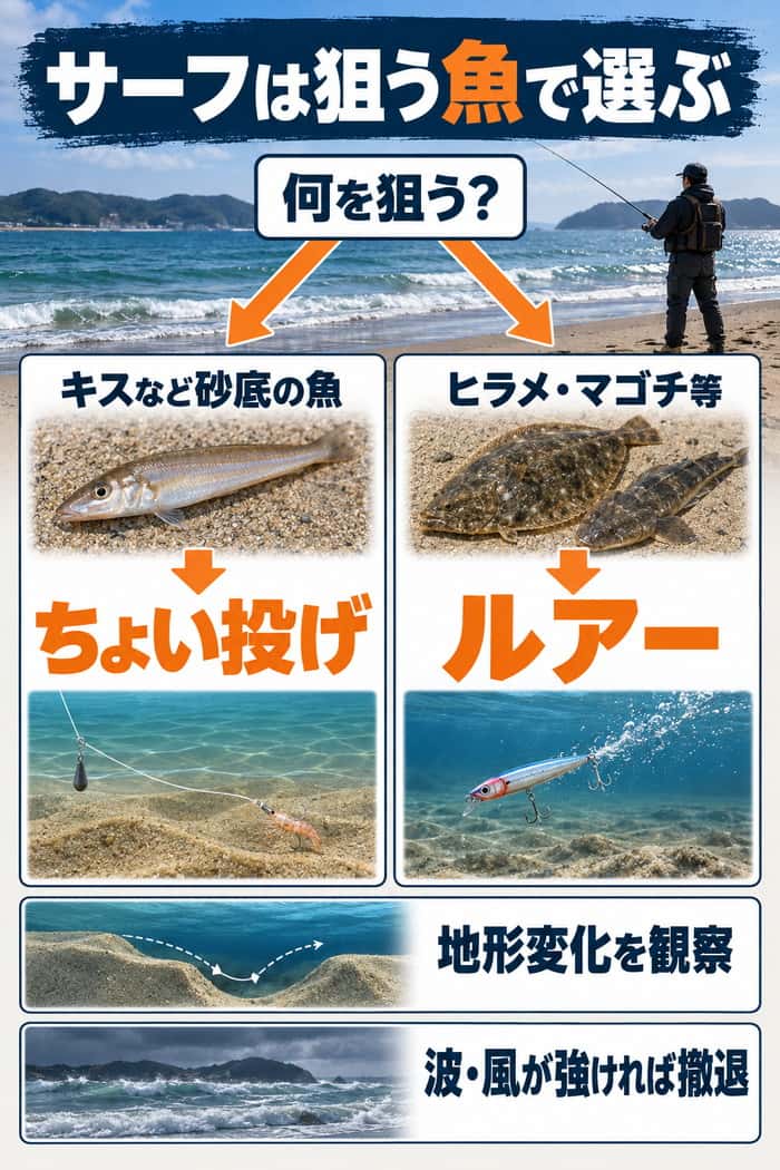 サーフの釣法選択図。キスなど砂底の魚はちょい投げ、ヒラメ・マゴチ等はルアーを選び、地形と海況を確認する。