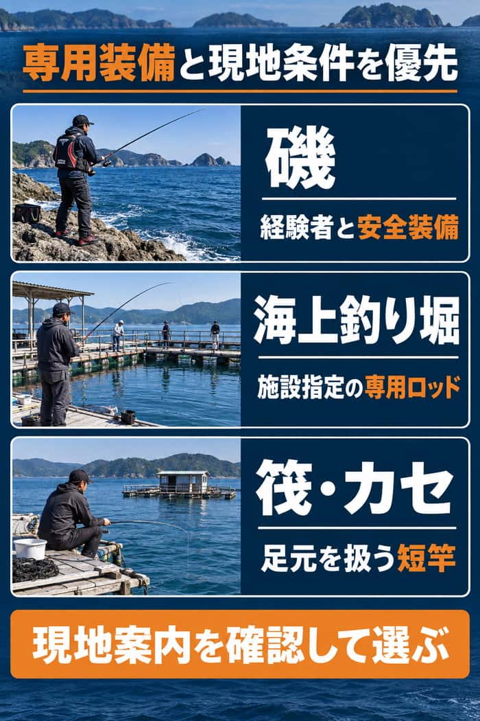 磯、海上釣り堀、筏・カセの装備比較。経験者と安全装備、施設指定ロッド、足元を扱う短竿の優先点を示す。