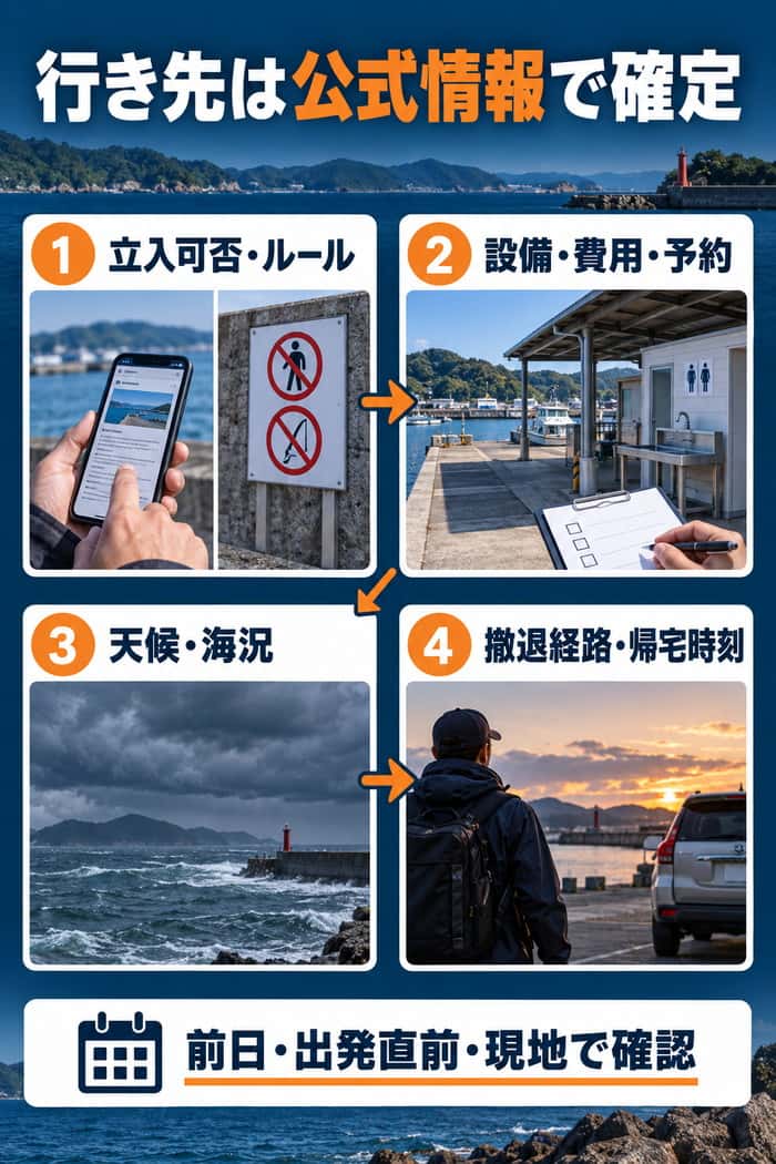 行き先を確定する4段階。立入可否、設備・費用、天候・海況、撤退経路を前日から現地まで確認する。