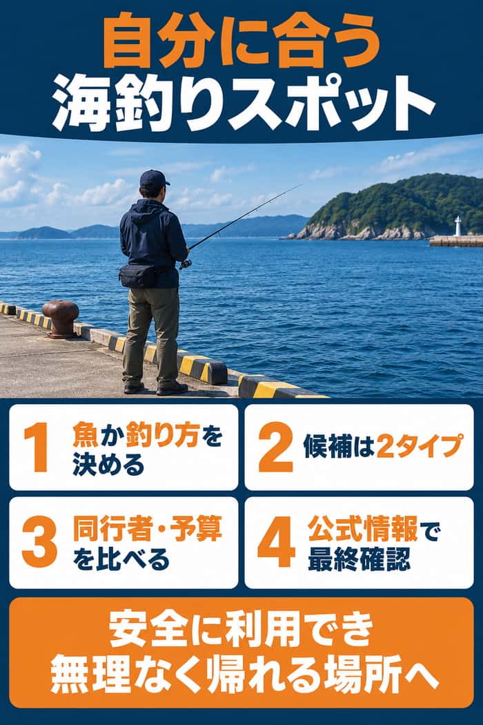 自分に合う海釣りスポットの選び方。魚か釣り方、候補2タイプ、同行者・予算、公式情報の順で決める。