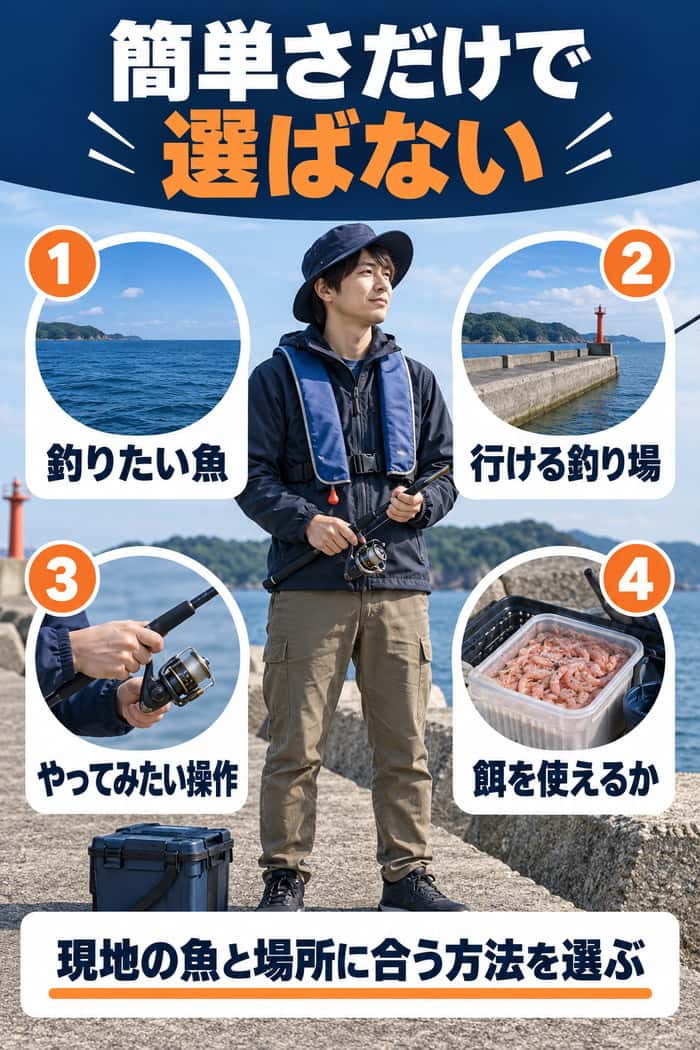 海釣り初心者が、釣りたい魚、釣り場、操作、餌の4条件から自分に合う釣り方を選ぶ要点を示す。
