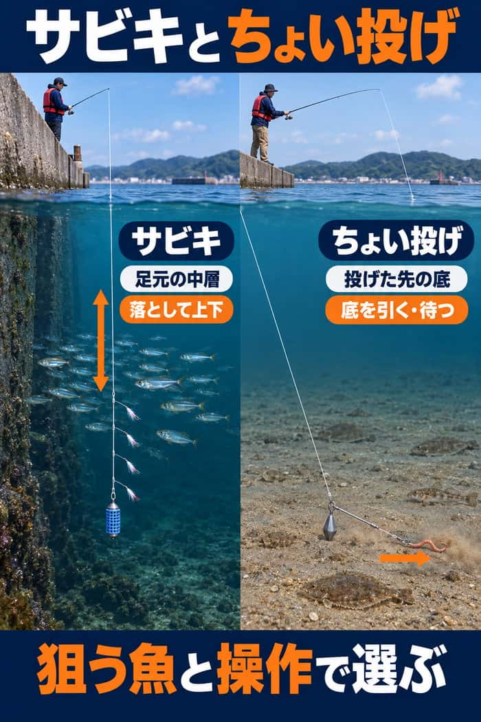 堤防の水中断面で、足元の中層を上下するサビキと、投げた先の砂泥底を探るちょい投げの違いを示す。