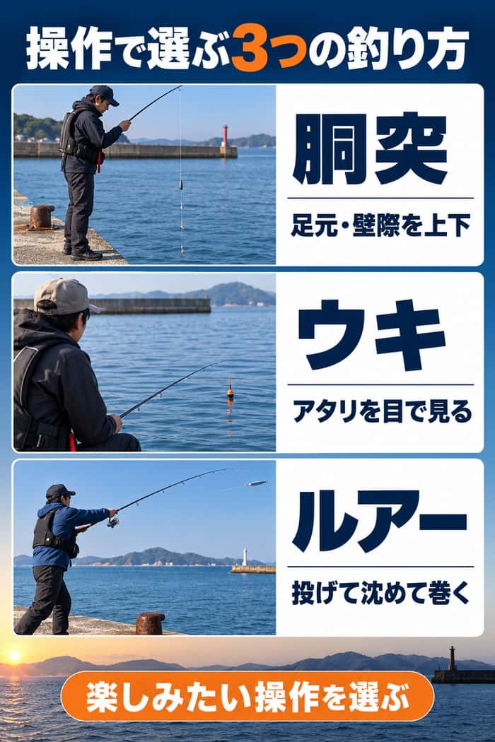 胴突、ウキ、ルアーの操作比較。足元の上下、ウキのアタリ、投げて沈めて巻く動作をそれぞれ示す。
