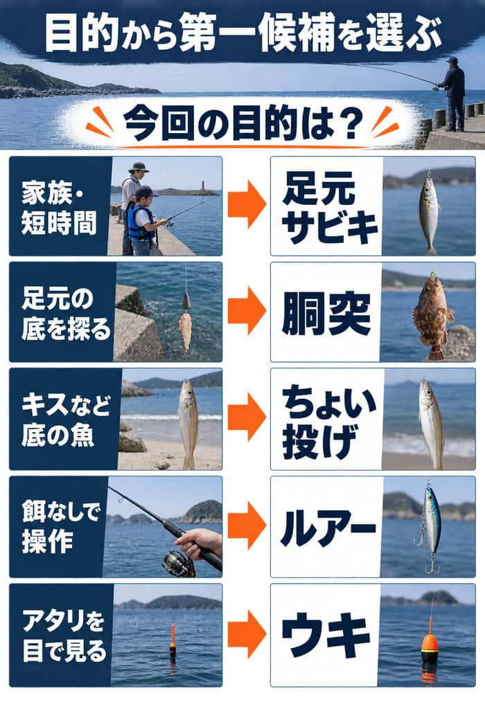 家族・短時間、足元の底、底の魚、餌なし操作、ウキのアタリという目的を、5釣法の第一候補へ対応させる。