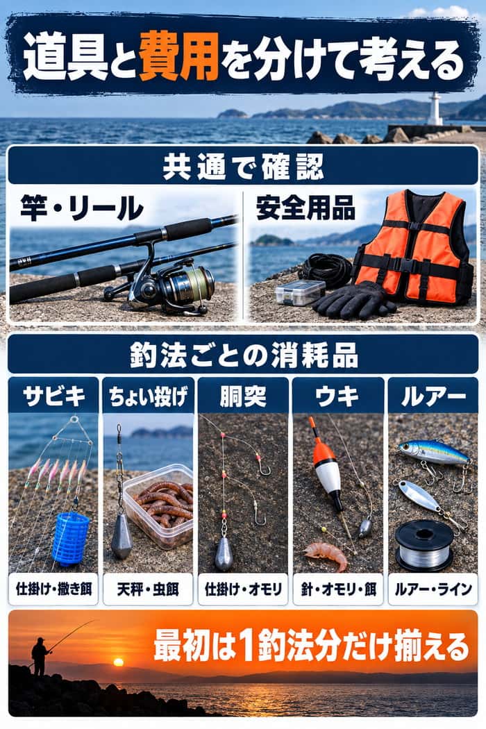 釣り道具を共通で確認する竿・リール・安全用品と、5釣法ごとの仕掛けや餌などの消耗品に分けて示す。
