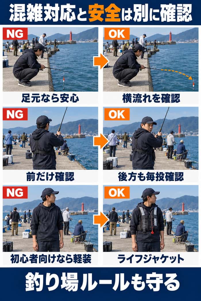 混雑した堤防での安全比較。仕掛けの横流れ、キャスト時の後方、ライフジャケットを確認する改善行動を示す。