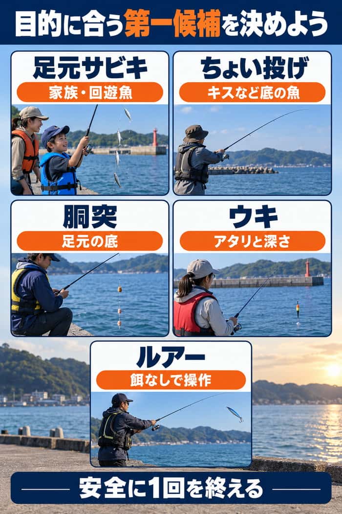 足元サビキ、ちょい投げ、胴突、ウキ、ルアーの5釣法を向く目的に対応させ、安全に初回を終える結論を示す。