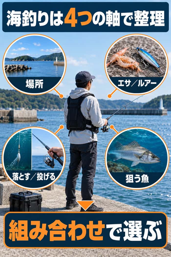 海釣りを場所、エサかルアー、落とすか投げるか、狙う魚の4軸に分け、組み合わせて選ぶ考え方を示す。
