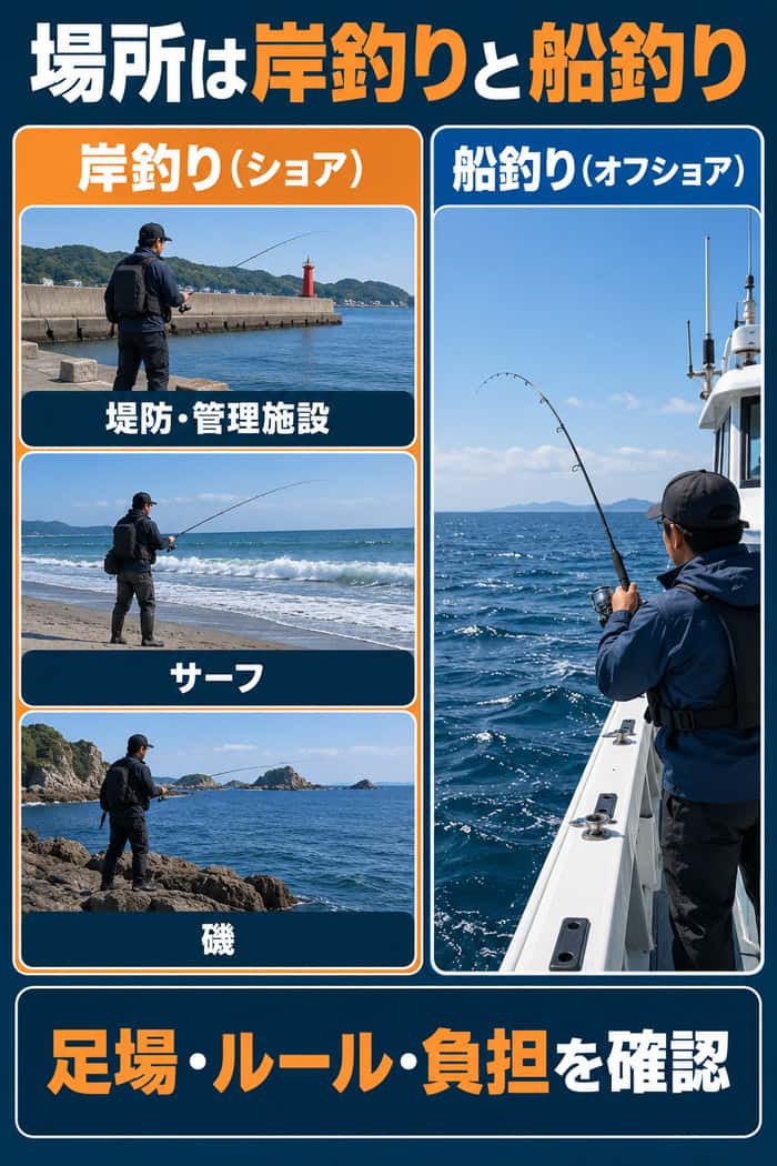 海釣りの場所を岸釣りと船釣りに大別し、岸側の堤防・管理施設、サーフ、磯と、船釣りの違いを示す。