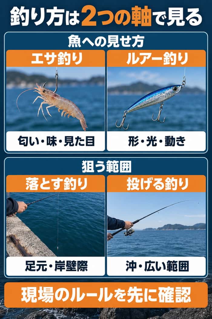 釣り方を、魚への見せ方となるエサ・ルアーと、狙う範囲となる落とす・投げるの2軸で比較する。