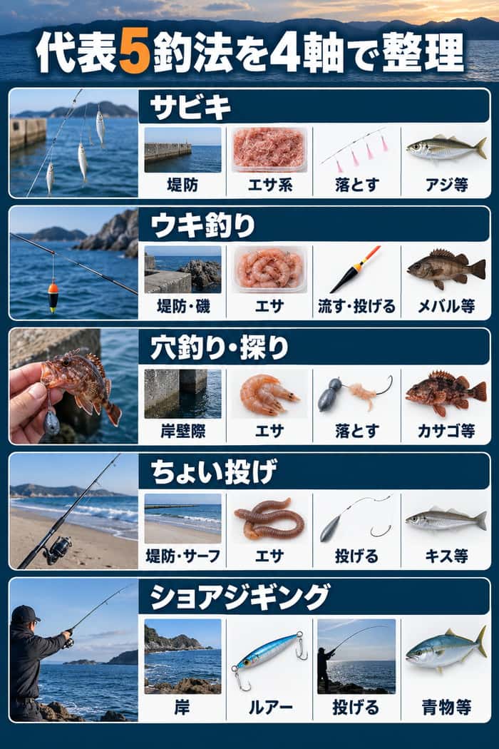 サビキ、ウキ釣り、穴釣り・探り、ちょい投げ、ショアジギングを、場所・エサやルアー・操作・魚で比較する。