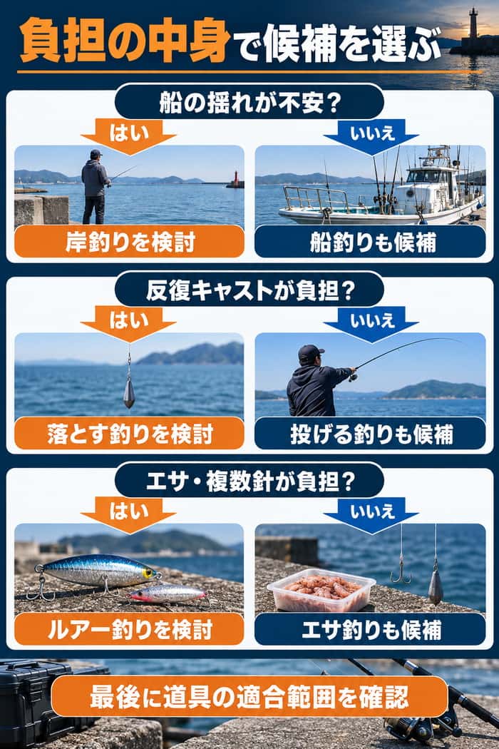 船の揺れ、反復キャスト、エサや複数針への負担から釣り方の候補を分け、最後に道具の適合範囲を確認する流れを示す。